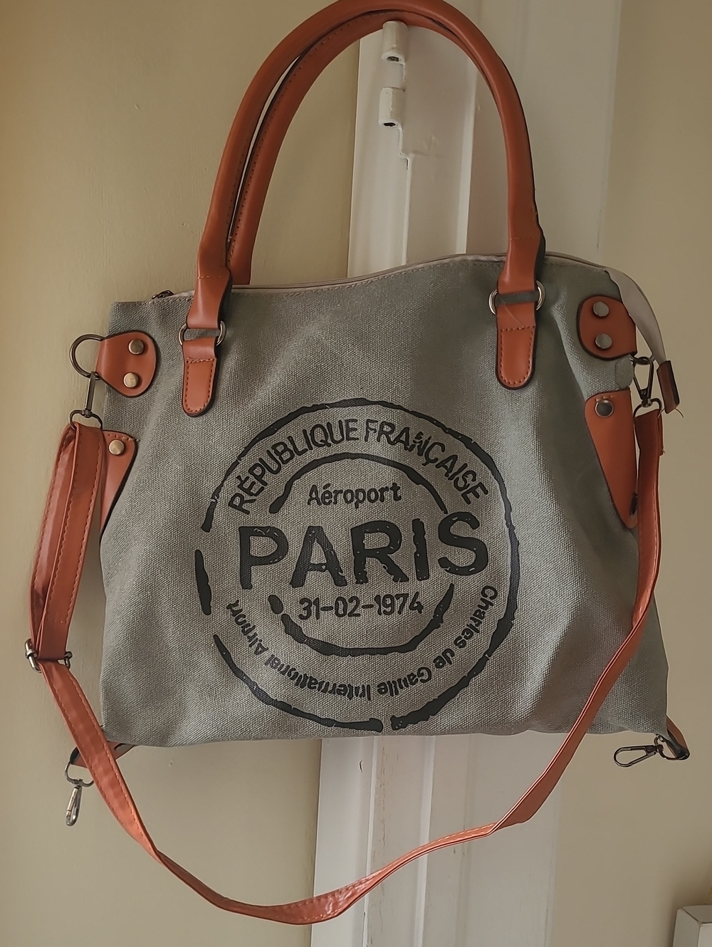 Paris Stamp Canvas Satchel with Tan Trim